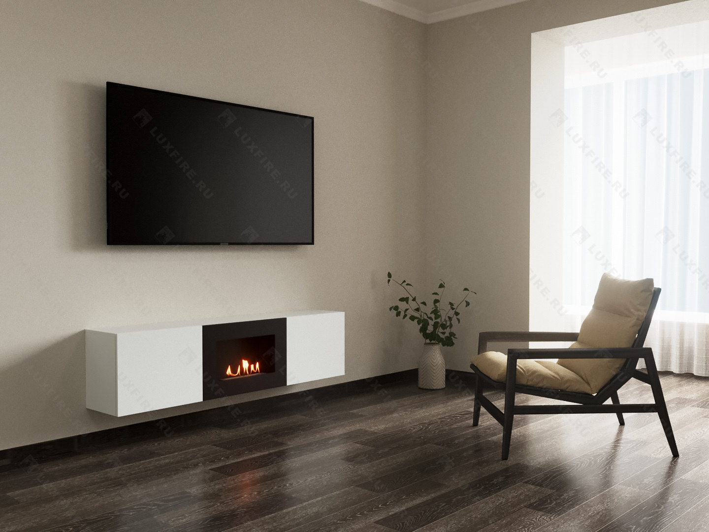 Тумба ТВ Lux Fire "Каспий" настенная 1600 матовая, белая с биокамином 600 по цене 65 178 руб.