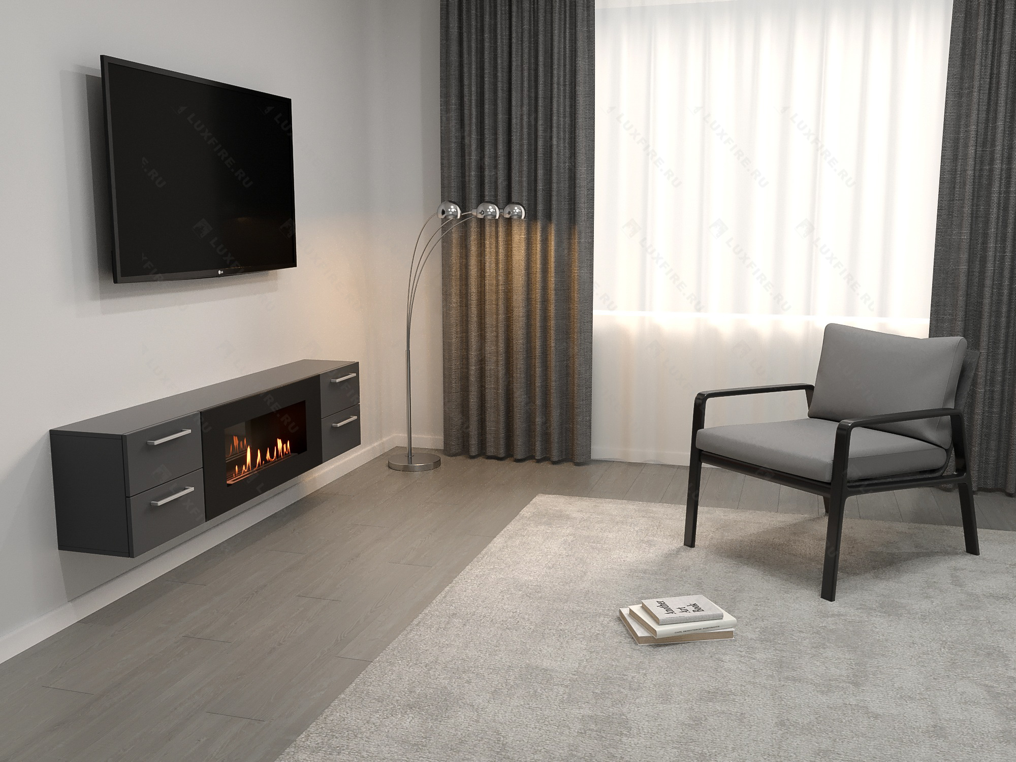 Тумба ТВ Lux Fire "Нева" настенная 1700 матовая, графит с биокамином 900 по цене 99 070 руб.